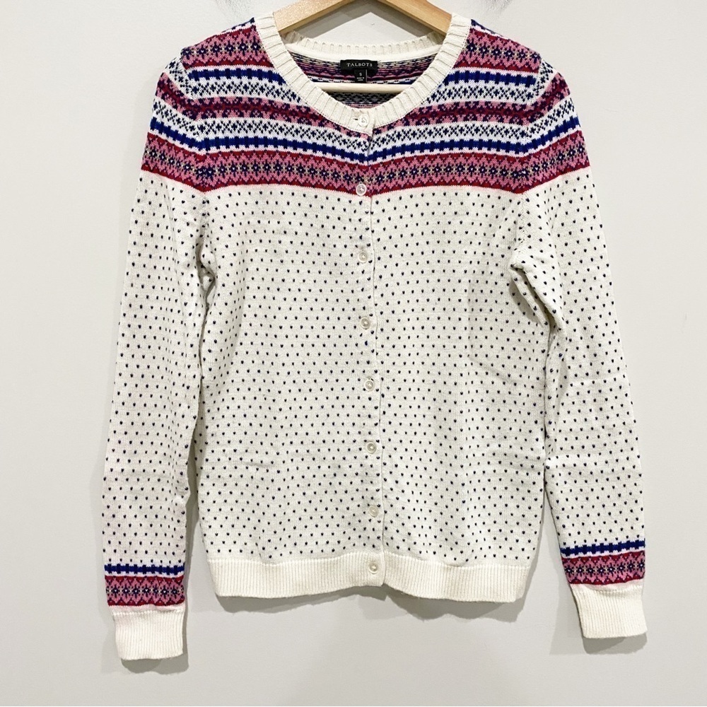 TALBOTS Nordic Fair Isle Button Up Sweater Size Small Lambswool Blend